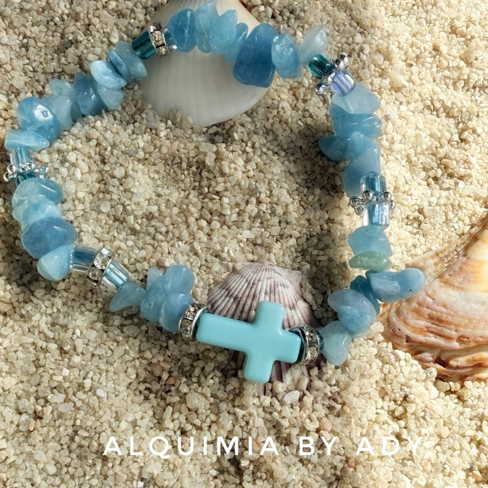 Bohemian colorful gemstones charms bracelet + CROSS + AQUAMARINE